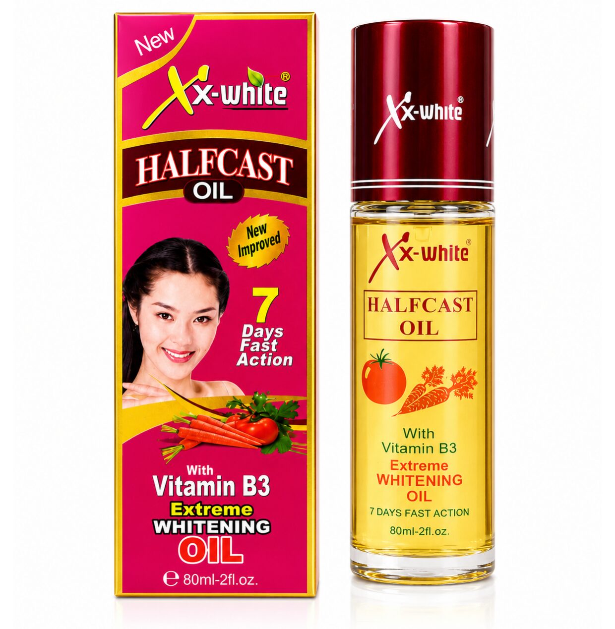 Xx-White Halfcast Oil (2) X-White Halfcast Oil with Vitamin B3 – Extreme Whitening Body Oil | 80ml (cartoon) - Image 1