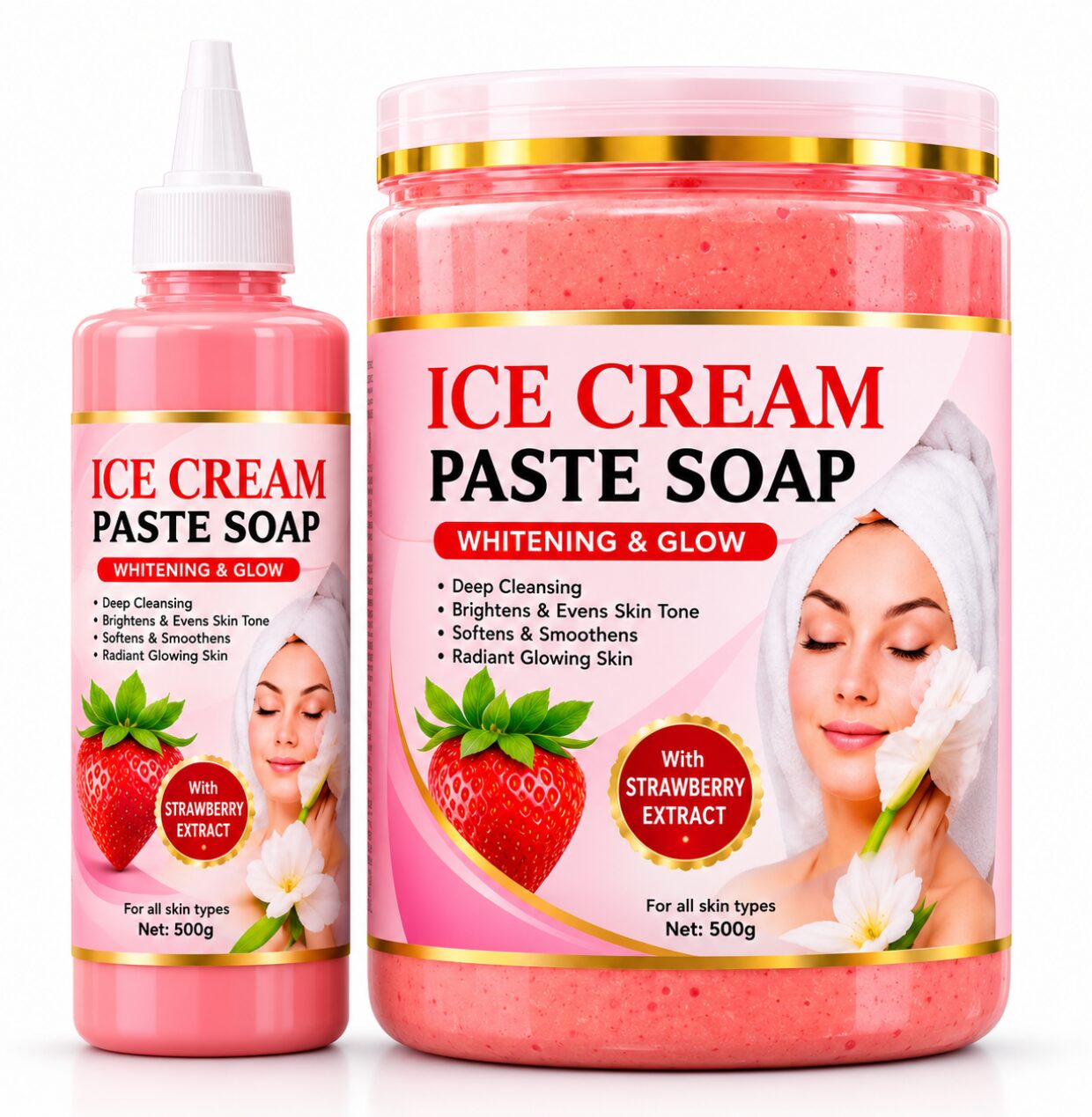 ice cream paste soap Ice Cream Paste Soap & Whitening Glow Activator Set – Strawberry Extract Deep Cleansing Skin Brightening Kit - Image 1