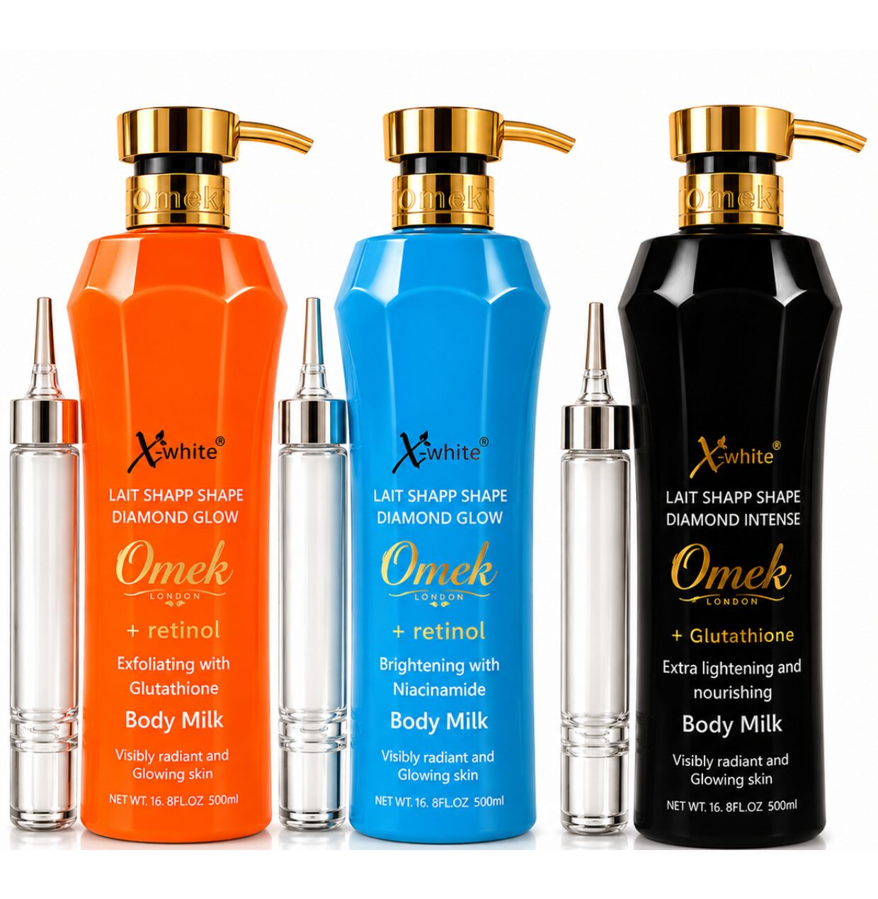 omek body milk diamond intense Omek Diamond Glow & Diamond Intense Body Milk Collection – Retinol, Niacinamide & Glutathione Brightening Body Lotion Set (3 × 500ml) - Image 1